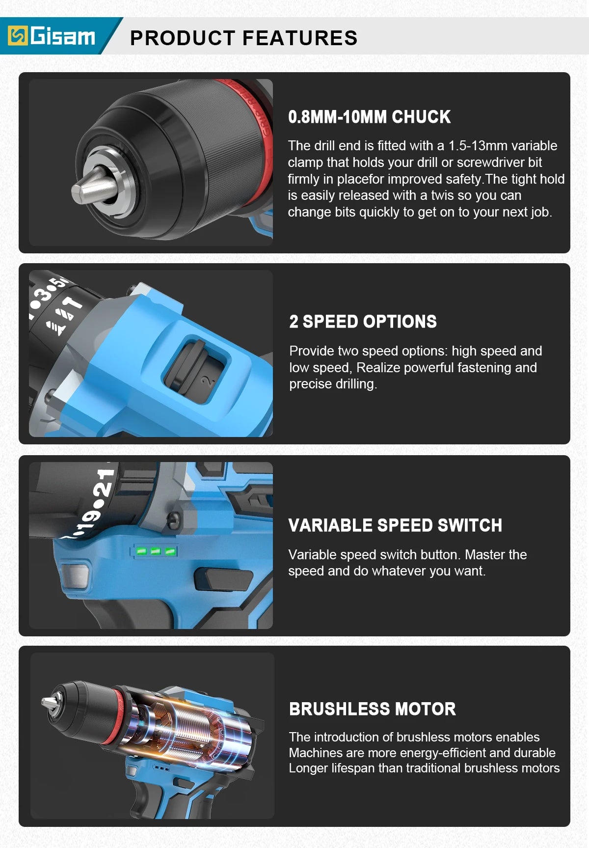 Gisam 95NM Brushless Electric Impact Drill 25+3 Torque 3 in 1 Cordless Electric Screwdriver Portable Power Tools For Home Woodwo