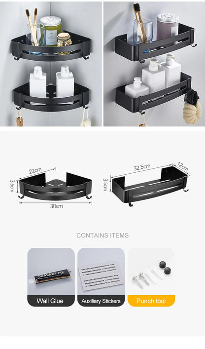 Bathroom Shelf Organizer Shower Storage Rack Black Corner Shelves Wall Mounted Aluminum Toilet Shampoo Holder No Drill