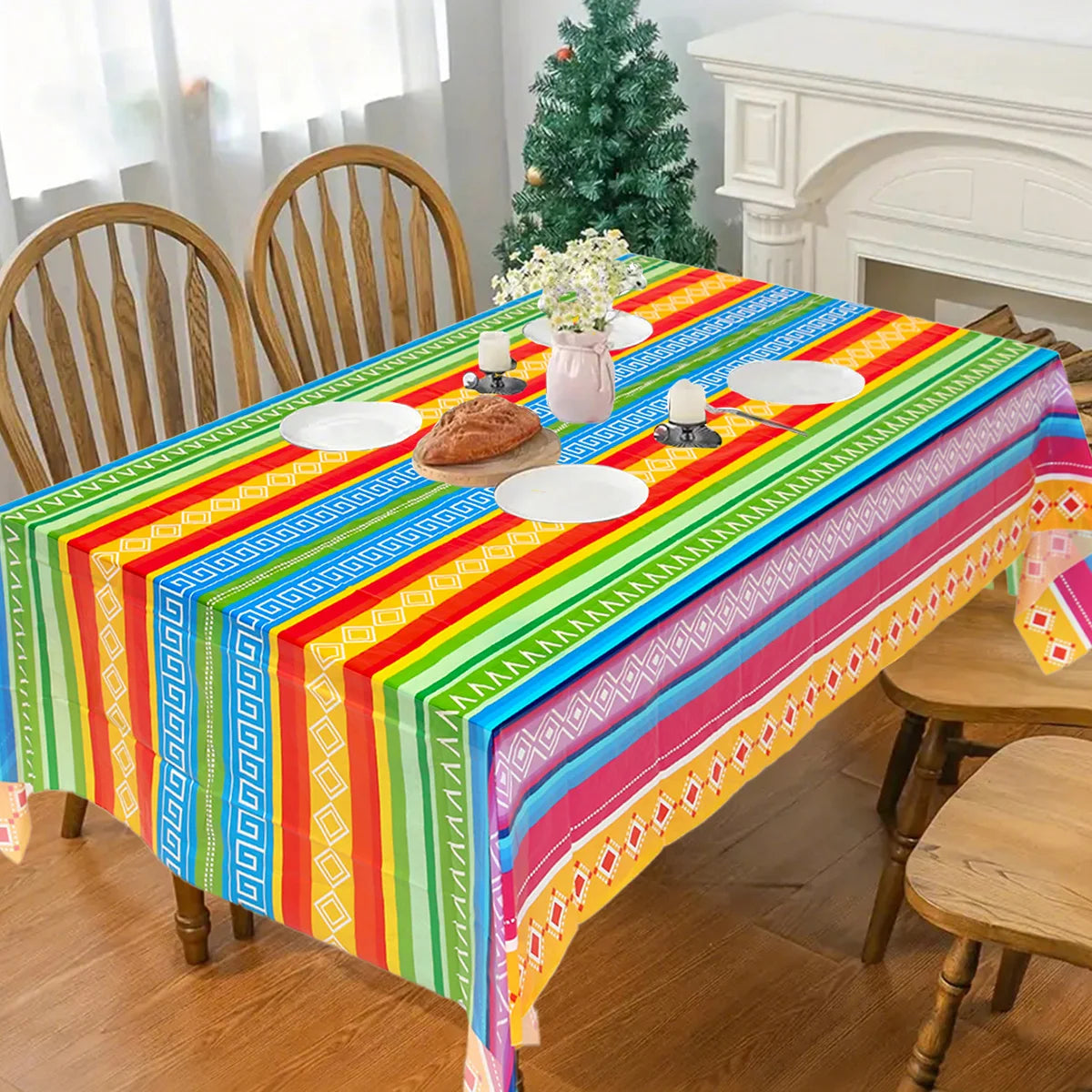 Mexican Stripes Plastic Tablecloth Holiday Party Decor Day of The Dead Waterproof Rectangle Tablecloth Mexican Fiesta Decoration