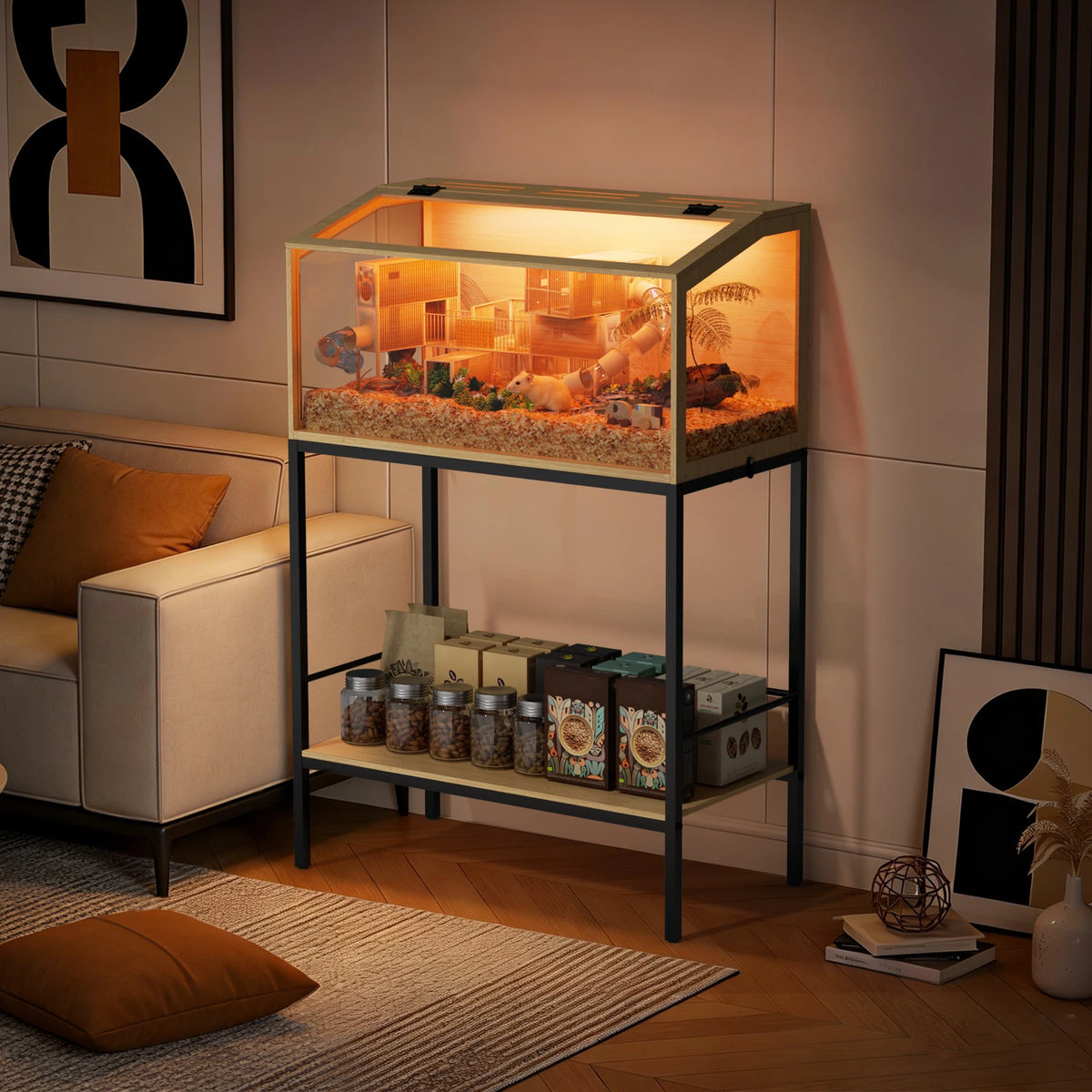 Large Wooden Hamster Cage Clear Tempered Glass Pet Small Animal Habitat Cage Playful Hutch House