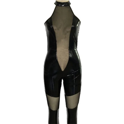 Women Centre Mesh Splice Backless Jumpsuit Glossy Patent Leather Temptation Uniform Tight Stretch Pencil Pants Nightclub Rompers