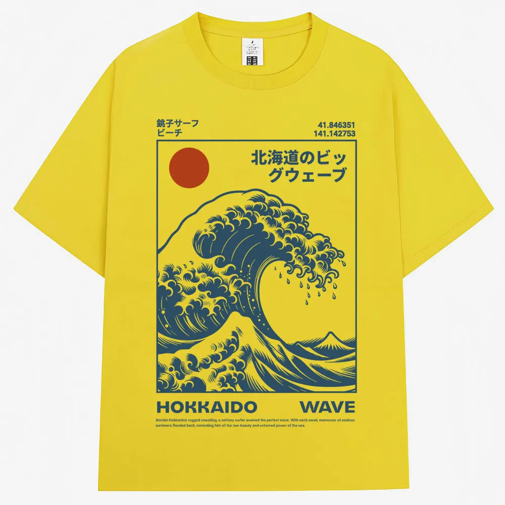 Japanese Style Hokkaido Wave Vintage T-shirt Men Women Harajuku Fashion High Quality T Shirts Oversized Cotton Summer Tee Shirt