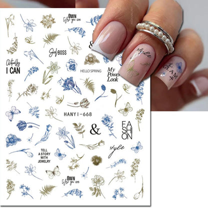 3d Nail Art Decals Elegant White RoyalBlue Roses Flowers Adhesive Sliders Nail Stickers Decoration For Nail Manicure