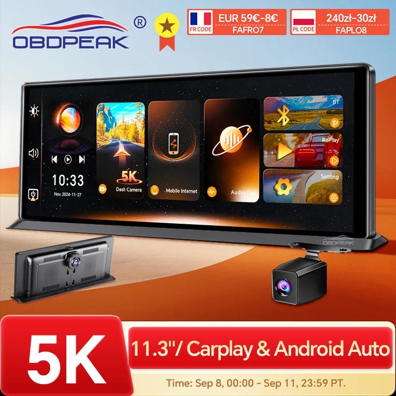 K8 Pro 11.3"  Touch Screen Car Camera 5K Dash Cam GPS 5G WiFi Wireless CarPlay & Android Auto Loop Recording GPS Navigation DVR