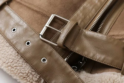 Winter Faux Shearling Sheepskin Fake Leather Jackets Lady Thick Warm Suede Lambs Motorcycle Brown Coats Mujer Chaqueta A407