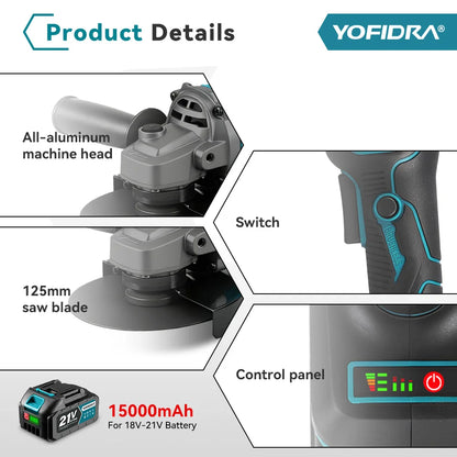 YOFIDRA 125mm Brushless Electric Angle Grinder 20000RPM Wood Metal Cutting Grinding Polishing Power Tool For Makita Battery Pin