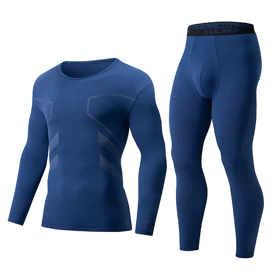 2-piece Men's Autumn And Winter Solid Color Round Neck Fashionable Printed Sports Thermal Underwear Set Simple And Comfortable