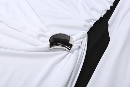 Weird Puss Elegant Party Dress Woman Ruched o-Neck Sleeveless Irregular Ribbon Metal Trim Classic Chic Birthday Banquet Vestidos