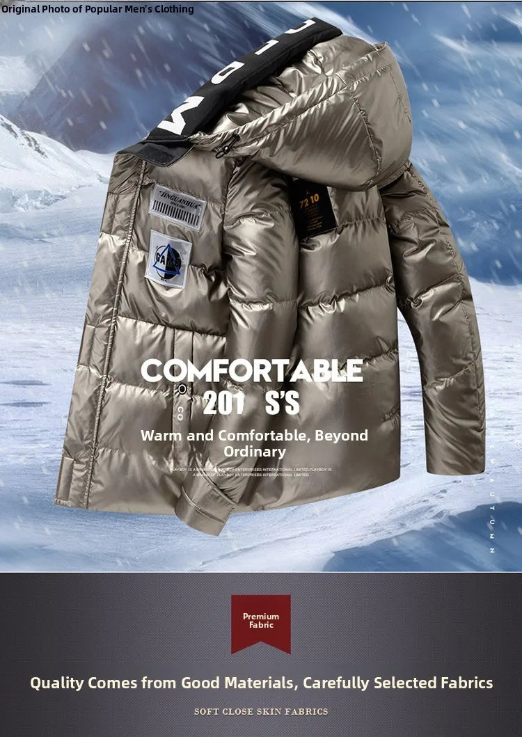 New Winter Men's down Jacket Thickened Short Bright Leather Fur Collar Warmth Anti-Cold Youth Short Stylish Polyester Fiber