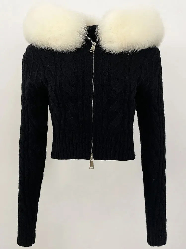 Fashion Natural Fox Fur Collar with Knitted Sweater Women Casual Sweater 2025 New Spring Autumn Slim Fit Elastic Oversized Coat