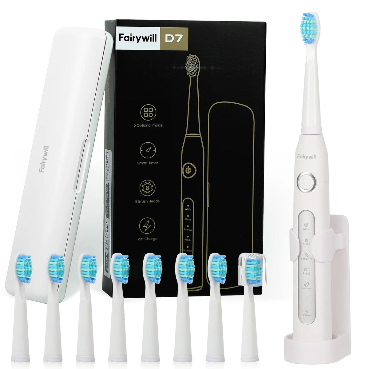 Fairywill FW507 Electric Sonic Toothbrush USB Charger Tooth 8Brush Replacement Waterproof Electronic Toothbrush with Travel Case