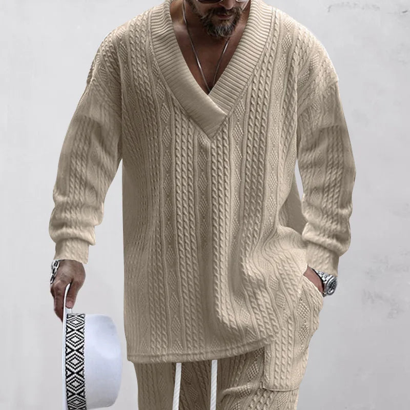2025 Cross-border New Men's Casual Trousers V-Neck Versatile Jacquard Knitted Sweater Set