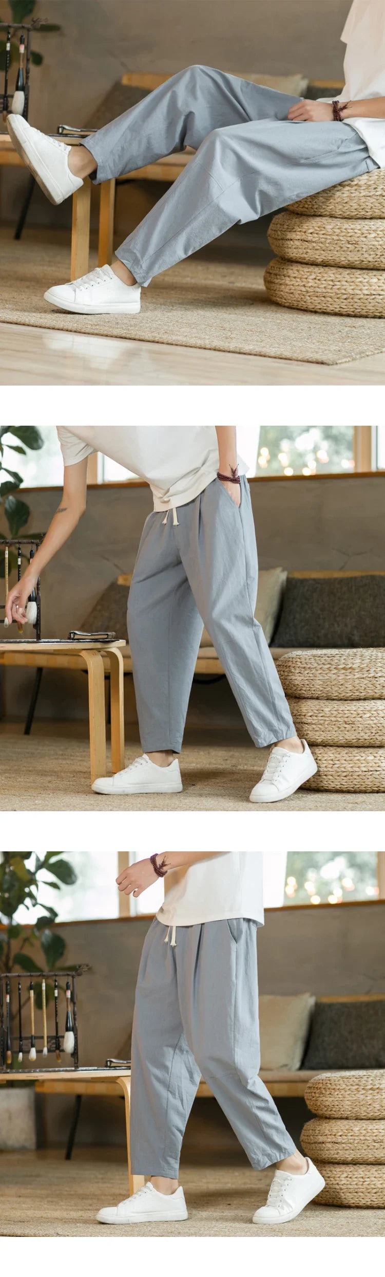 Streetwear Men Cotton Trousers Casual Solid Color Long Pants Breathable Drawstring Straight Pants Harem Pants Men Baggy Pants