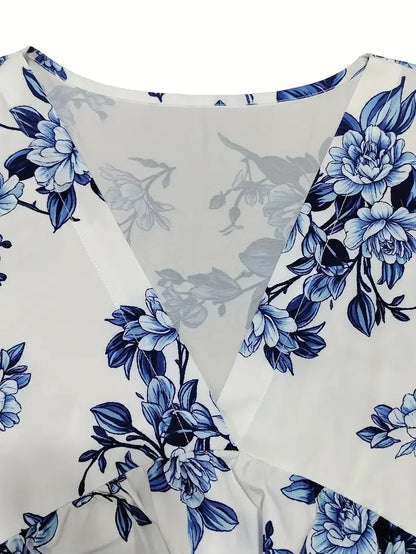 Plus Size 1XL-5XL Women Fashion Summer V-neck Floral Print Short Sleeves Dress Ladies Elegant Print Loose Summer Dress