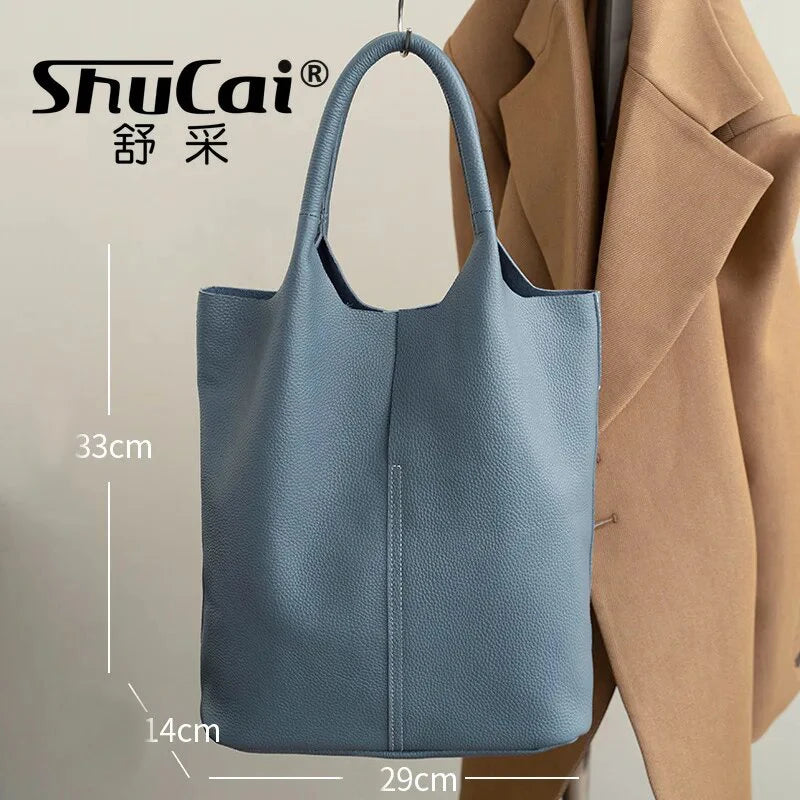 Genuine Grade Leather Women Commuter Tote Bag Ladies Soft Cowhide Tote Shoulder Handbag Large Female Bucket Bag Luxury Designer
