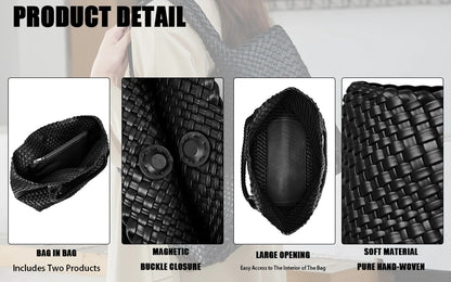 Woven Tote Bag Womens Purse Vegan Leather Shoulder Handbags - Fashion Summer Beach Tote Bags - Large Travel Totes