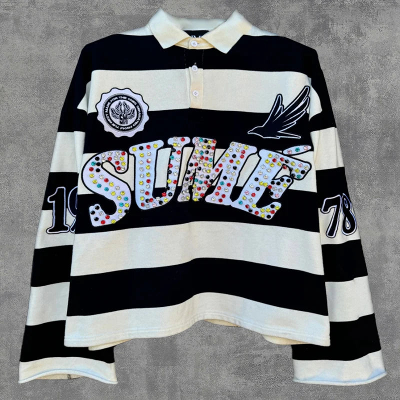2 Pcs Shirts Co-ords Sume Rugby Diamond Embroidery Stripe Polo Shirt Y2K Retro Classic Unisex Oversized Long Sleeved Shirts Sets