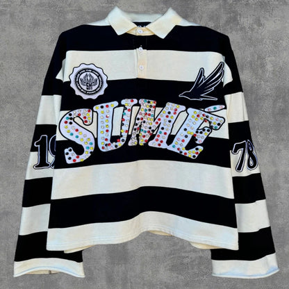 2 Pcs Shirts Co-ords Sume Rugby Diamond Embroidery Stripe Polo Shirt Y2K Retro Classic Unisex Oversized Long Sleeved Shirts Sets