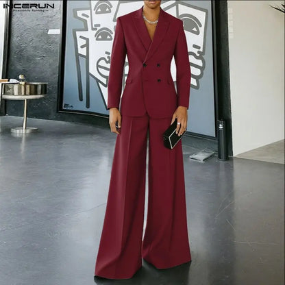 INCERUN Men Sets Solid Color Double Breasted Long Sleeve Blazer & Pants Two Pieces Sets Streetwear Fashion Casual Men's Suits