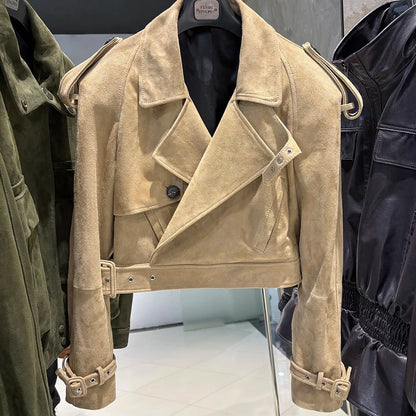 YOLOAgain Wide Shoulder Real Leather Jacket Women Oversized Genuine Leather Cropped Jacket