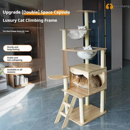 Large Cat Climbing Frame with Thickened Hemp Rope Multi-layered Wooden Cat Tree Tower and Integrated Scratching Post for Pets