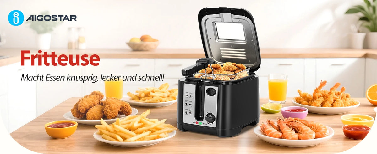Aigostar Deep fryer with 2.5 l capacity, 1650 W, BPA-free deep fryer with viewing window, temperature control and display, black