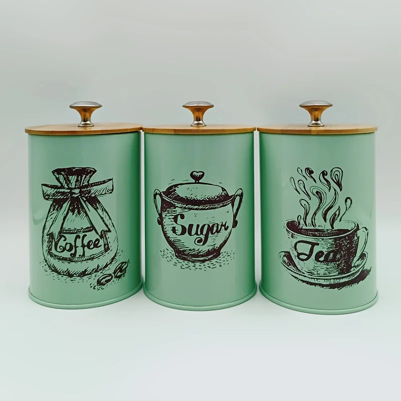 3Pcs Canister Set for Kitchen Counter, Coffee Sugar Tea Canister, Metal Vintage Kitchen Containers, Food Storage Containers