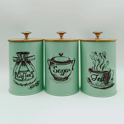 3Pcs Canister Set for Kitchen Counter, Coffee Sugar Tea Canister, Metal Vintage Kitchen Containers, Food Storage Containers