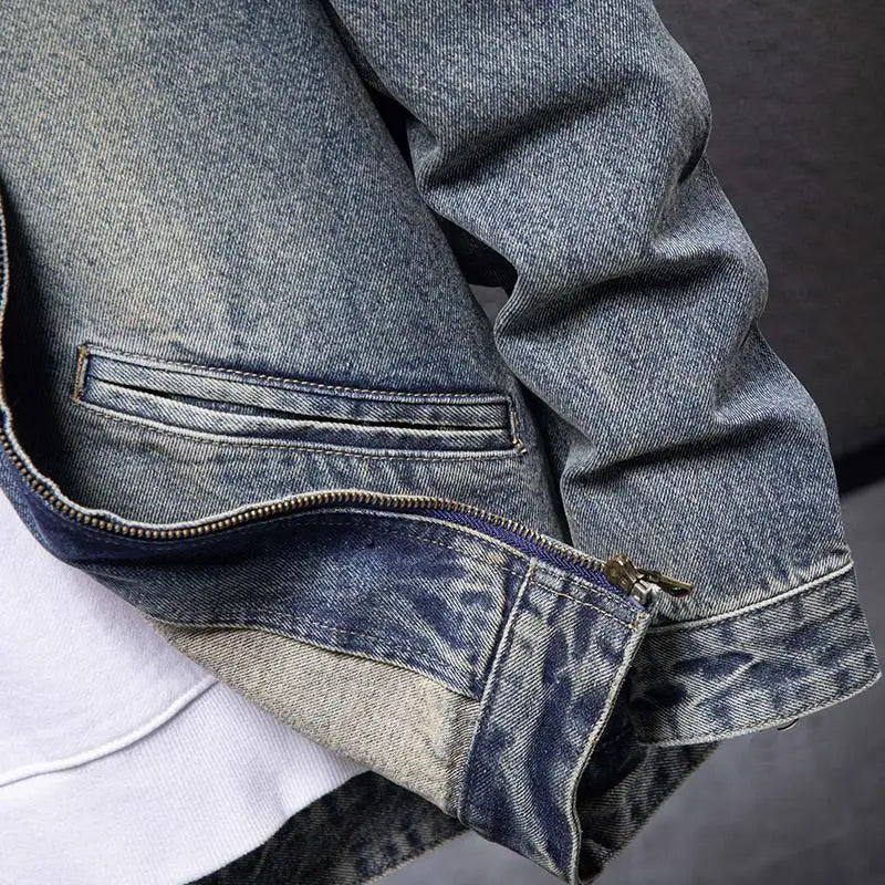 Denim Jacket Men's American Motorcycle Stand Collar New Spring and Autumn Trendy Brand Loose Cycling Bomber Jacket Top