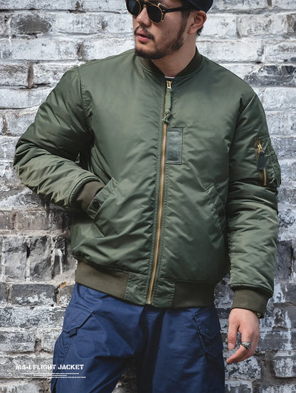 Maden Vintage MA1 Pilot Jacket Green Thickened Cotton-padded Jacket Casual Baseball Pockets Flight Zipper Outwear for Men's Fall