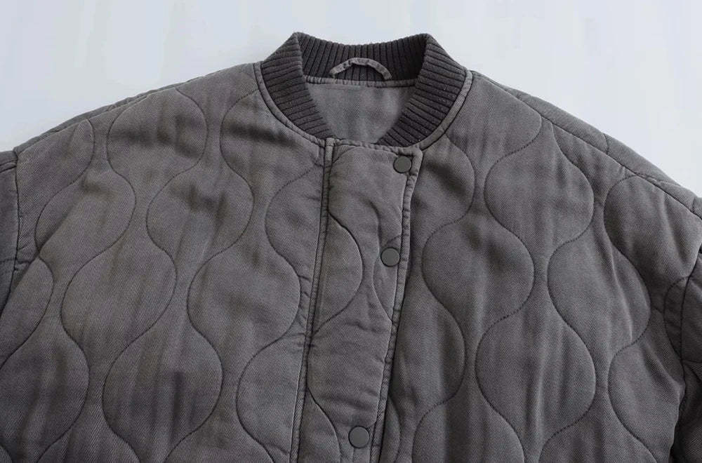 Women Fashion Oversized Thick Warm Quilted Bomber Jackets Coat Vintage Long Sleeves Snap-button Female Outerwear Chic Tops