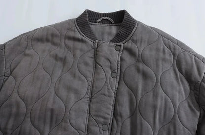 Women Fashion Oversized Thick Warm Quilted Bomber Jackets Coat Vintage Long Sleeves Snap-button Female Outerwear Chic Tops