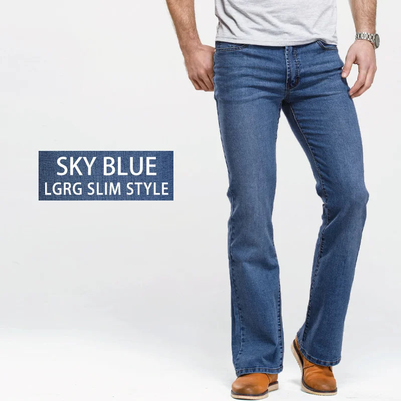 LGRG Mens Boot Cut Jeans Slightly Flared Slim Fit Blue Black Trousers Designer Classic Male Stretch Denim Pants