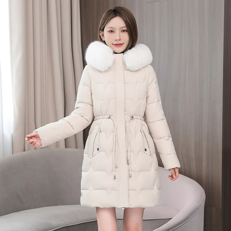 Hooded Women Parkas Coats Mid LenthJackets  Oversize Solid Fur Collar Zipper Drawstring Waist Loose Casual 2025 Autumn Winter