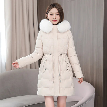 Hooded Women Parkas Coats Mid LenthJackets  Oversize Solid Fur Collar Zipper Drawstring Waist Loose Casual 2025 Autumn Winter