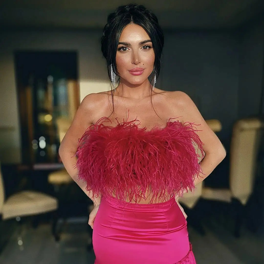 Jaxmonoy New Women Ostrich Feather Tube Spring Summer Sexy Stretch Top Bra Lady Party Wedding Fashion Sleeveless Cropped Top