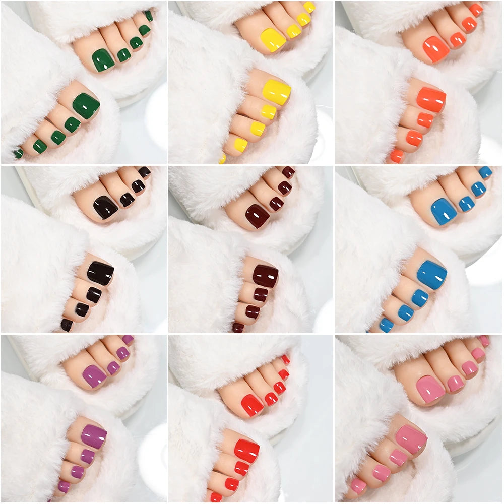 1Sheet=22Tips Glossy Red Toe Nail Stickers Full Cover Solid Color Press On Toenails Patch UV Baking Free Foot Gel Polish Wraps #