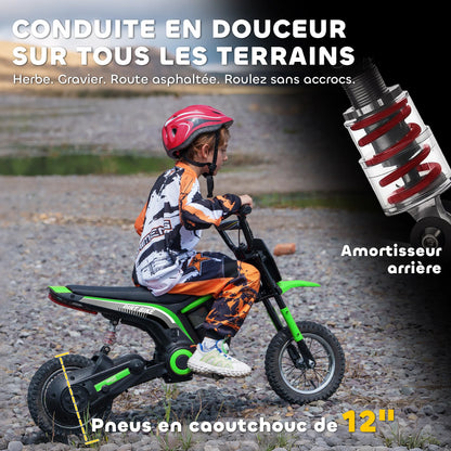 Electric motorcycle for children, off-road motorcycle, electric motorcycle for kids, 350 W engine, 12 V battery, 8–16 km/h, 12-inch pneumatic tires, green, children’s motorcycle
