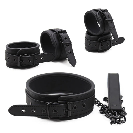 Thierry PU Leather SM Products Wrist Cuffs & Ankle Cuffs & Neck Collar Set, BDSM Bondage Sex Toys, Hancuffs Cosplay Accessories