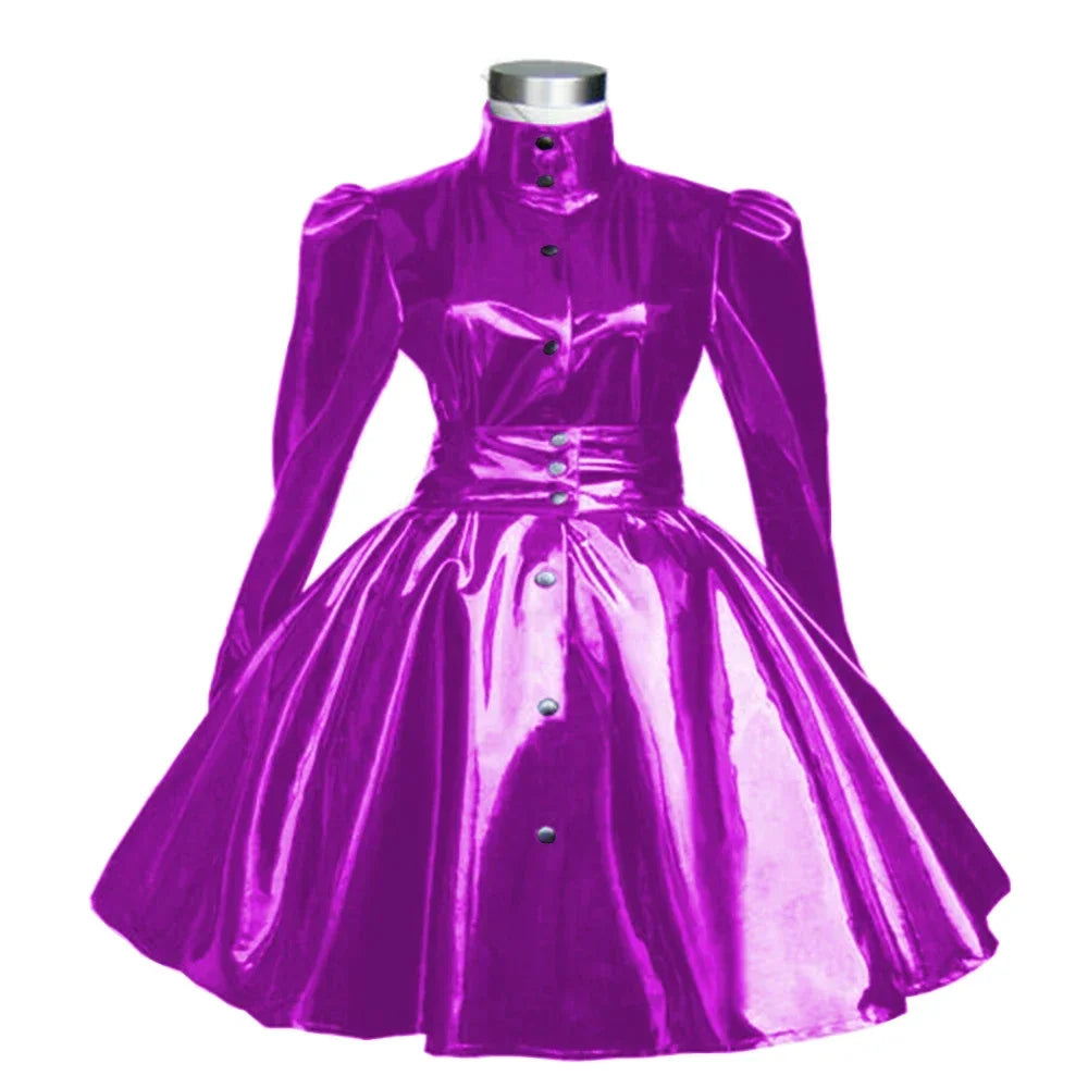 Plus Size Sweet Girl Mini Dress PVC Leather High Neck Button Pleated  A-line Dress Preppy Style Back Zipper Long Sleeve Dress