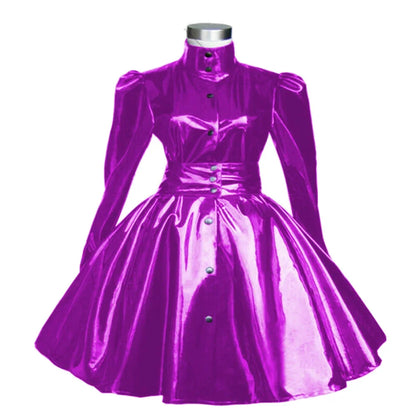 Plus Size Sweet Girl Mini Dress PVC Leather High Neck Button Pleated  A-line Dress Preppy Style Back Zipper Long Sleeve Dress