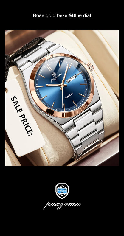 PAAZOMU Fashion Men's Quartz Watch Stainless Steel Waterproof Luminous Man Watch Chronograph Date Multifunction Watches For Men