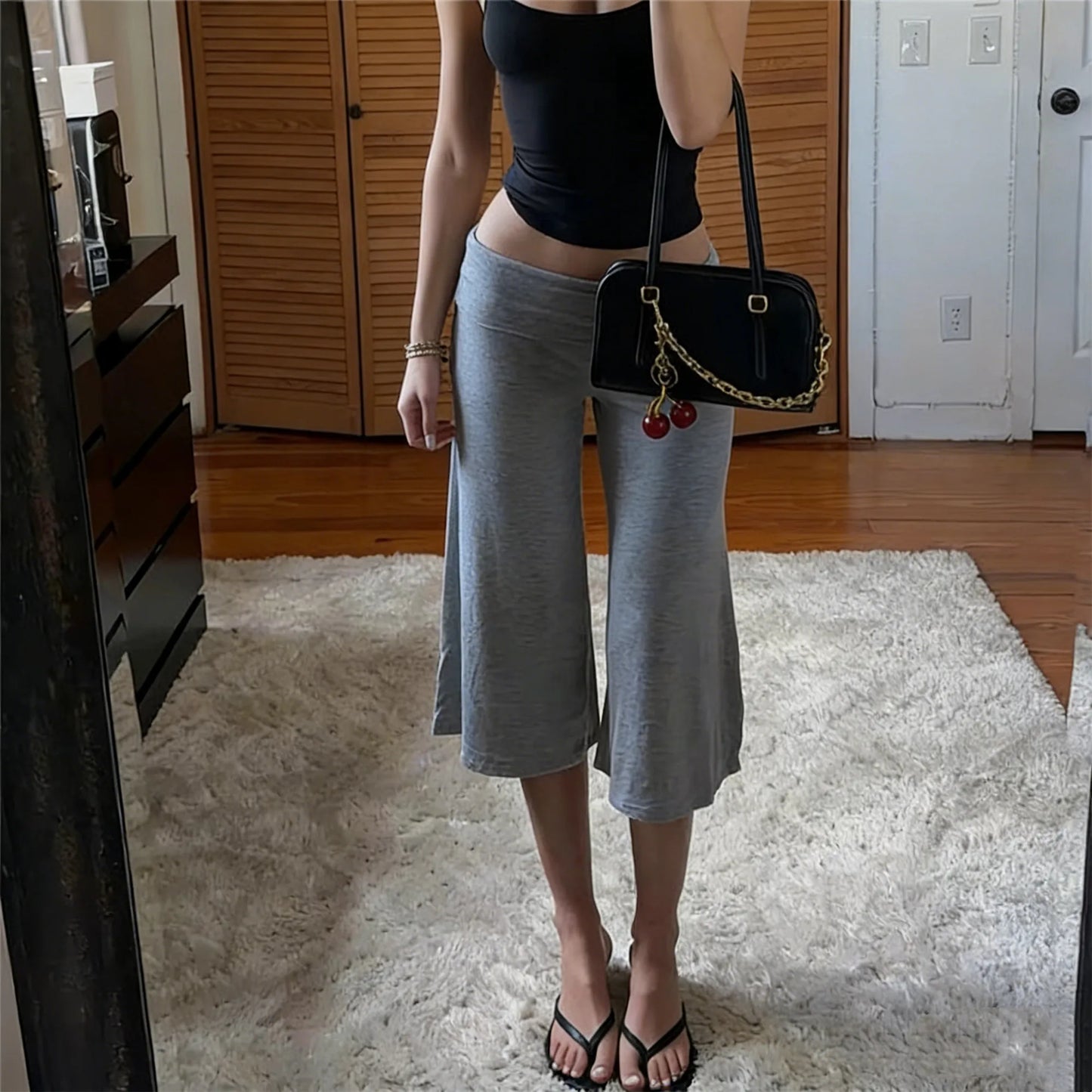Women Fold Over Waist Gaucho Pants Low Rise Cropped Wide Leg Capri Pants Summer Foldover Culottes Yoga Pants Pajama Bottoms
