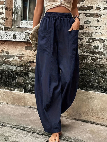 Plus Size Women's Cotton-Linen Harem Trousers Retro Loose-Fit Casual Trousers Elasticated Waistband Workwear Wide-Leg Trousers