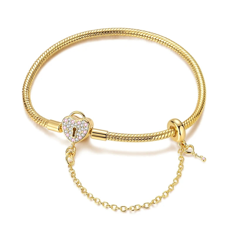 Original Bracelet 925 Sterling Silver Charm Bracelet 17-20CM Golden Heart Love Key Clover Bracelet Bangle Women Jewelry Gift