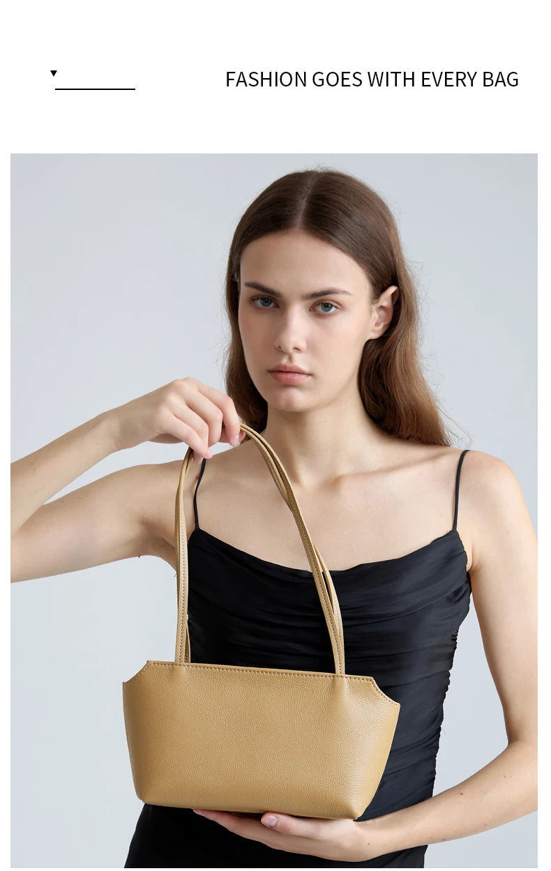 Luxury Women's Genuine Cowhide Leather Mini Shoulder Tote Bag Pebbled Leather Long Strap Underarm Handbag Minimalist Daily Purse