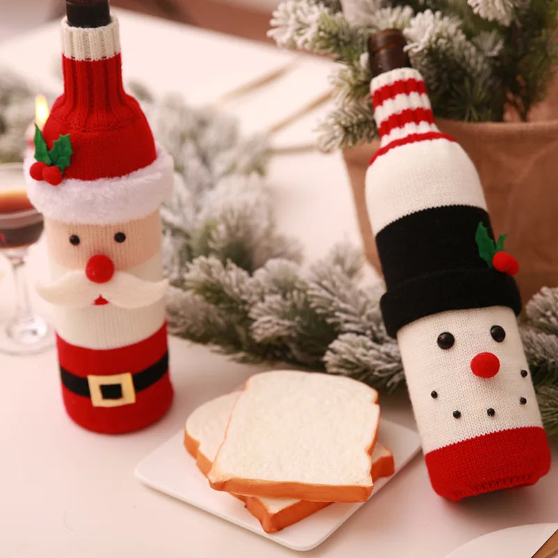 2024 Christmas Knitted Wool Red Wine Bottle Cover Ornament Table Dress Up Home Christmas Decor Hotel Restaurant Festivals Decor