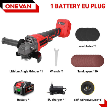 ONEVAN 3000W Brushless Electric Angle Grinder 3 Gear Cordless Cutting Metal Pipe Power Polish Tools For Makita 18V Battery Pin