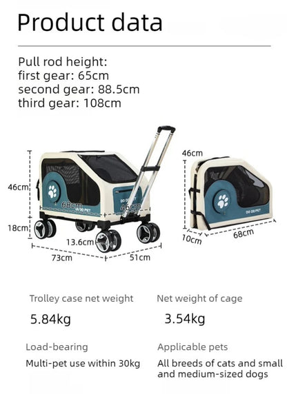 Pet Travel Luggage Cart with Folding Handlebar - Durable Oxford Fabric, Large Capacity, Breathable Mesh, Quiet Wheels