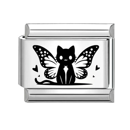 Laser Engraving Cute Cartoon Black Playing Cats Italian Charm Links Fit 9mm Stainless Steel Bracelet Men Women DIY Making Gifts